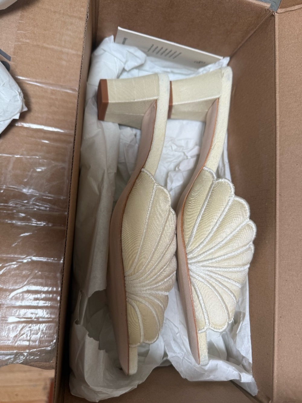 Reformation Waldena heels seashell cream puff block heel taffeta